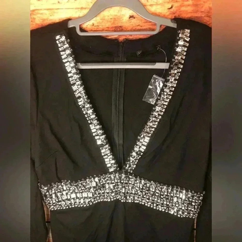 Women’s deep V embellished rhinestone dress with long sleeves